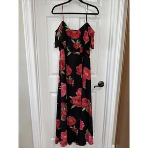 Rebecca B. SZ 16 Maxi Dress Cold Shoulder 1/2 Lined Slit Black Pink Multi Floral